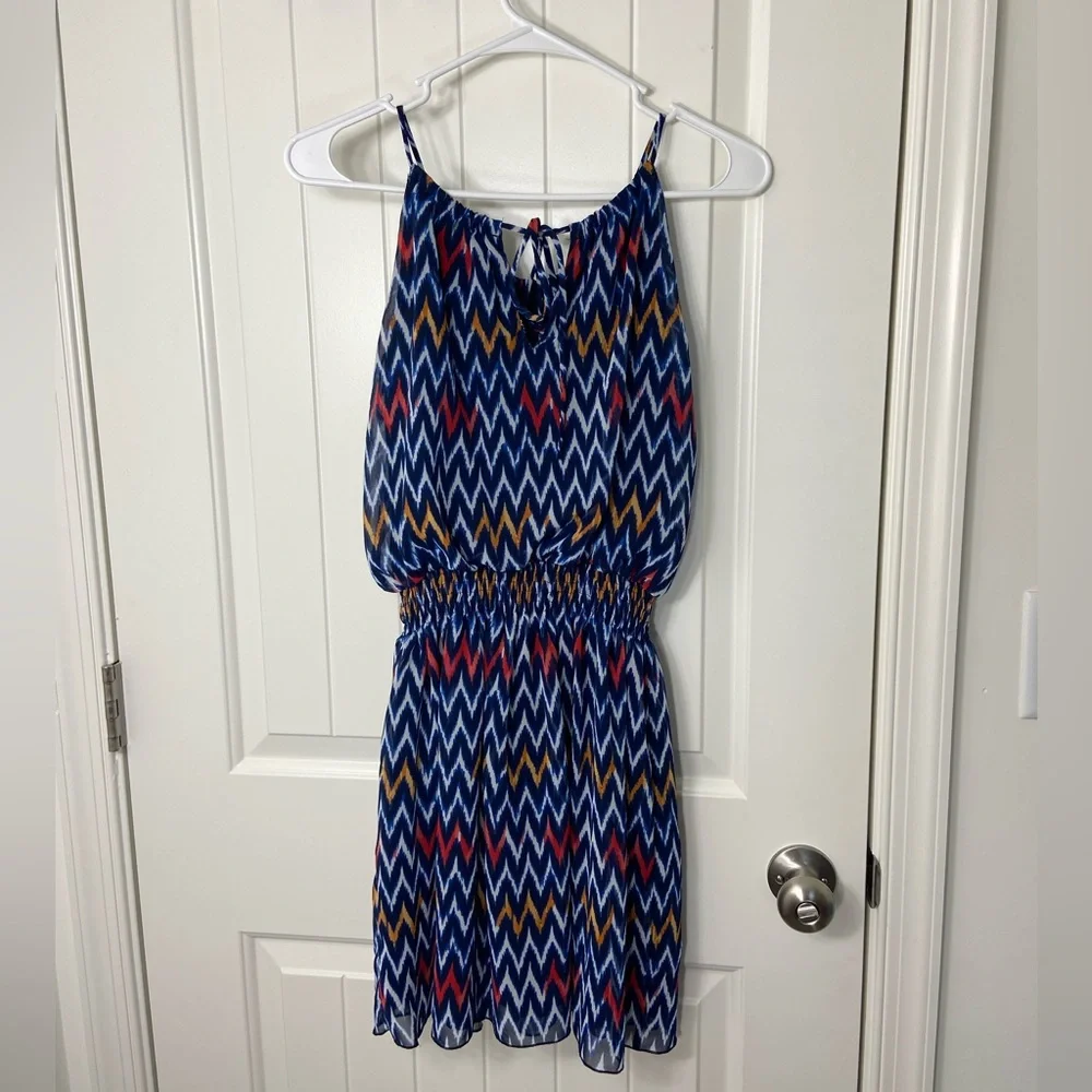 Sweet Storm women’s electric blue red orange geometric cinched high neck dress M